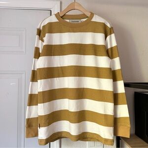 TAIKAN white mustard yellow‎ striped cotton crew neck long sleeve pullover shirt